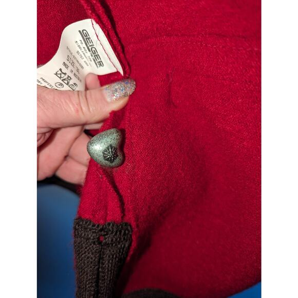 Vintage Geiger Red Boiled Wool Cardigan Shacket Heart Button Embroidered Size 36 - Picture 10 of 11